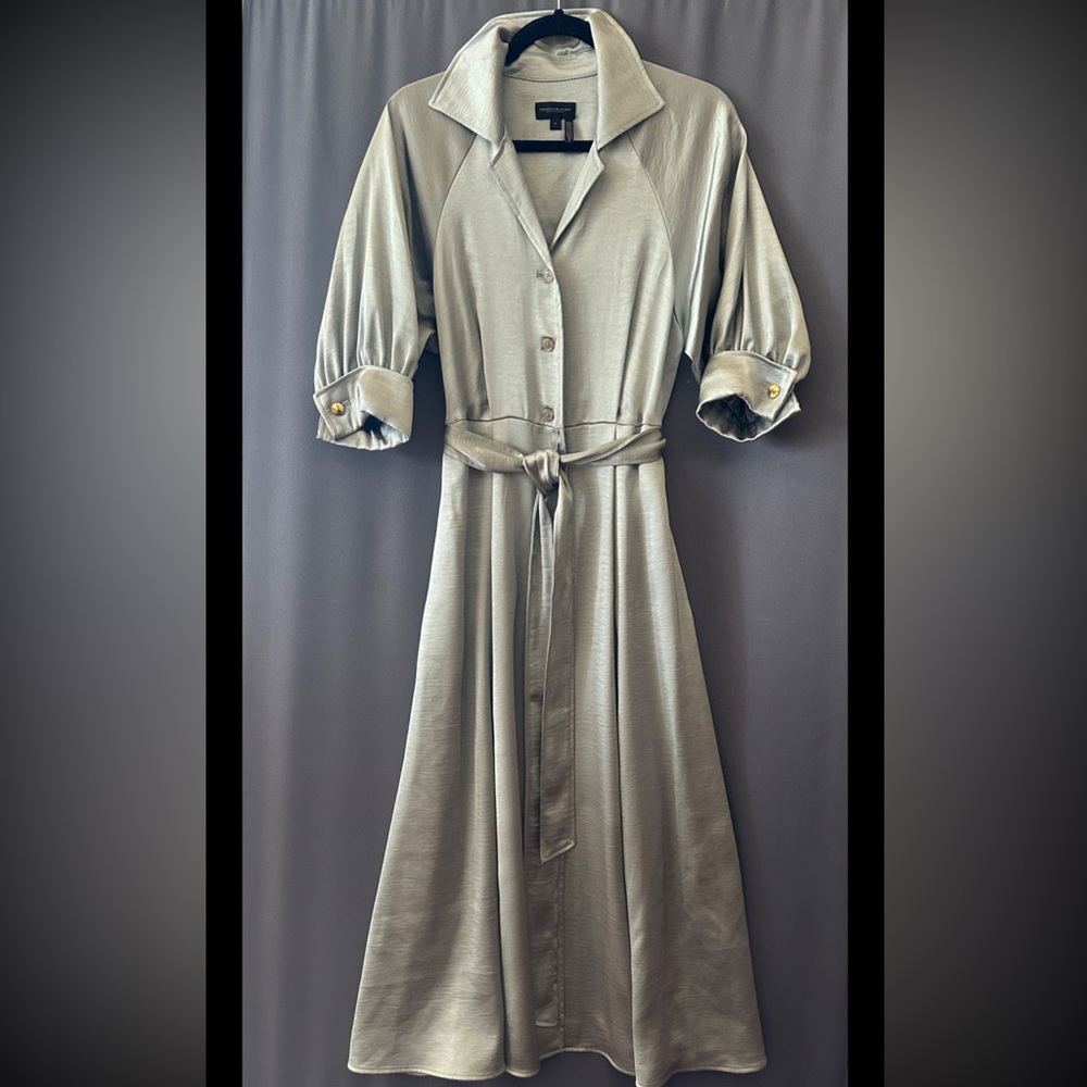 Donna Karan Satin Midi,belted Shirt Dress, Sz 10,New , Weathered Sage - Picture 5 of 11